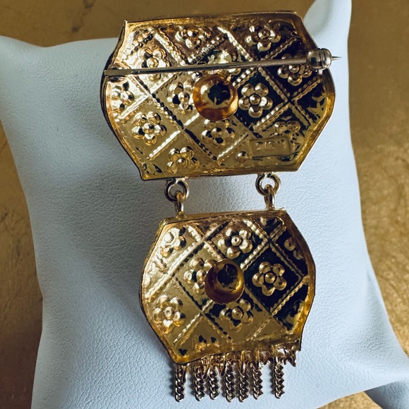 21K Yellow Gold Vintage Filigree Dangle Brooch Pendant with Chain Fringe - Picture 8 of 8